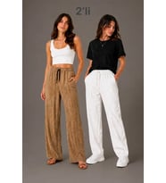 2li Bürümcük Kumaş Beli Lastikli Bağcıklı Bol Paça Pantolon - Beyaz/Vizon