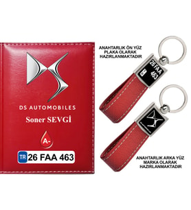 Plakanıza Özel DS Automobiles Logolu Kırmızı Ruhsat Kabı ve Anahtarlık