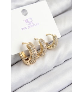 Pirinç Zirkon Taşlı 3'lü Halka Model Gold Renk Kadın Küpe (Altın)