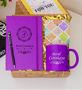 Kişiye Özel Renkli Defter , Mor Kupa Bardak, Tükenmez Kalem & Hediye Seti