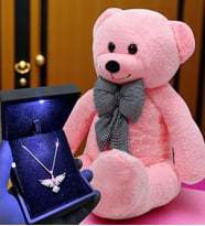 Premium Set - Büyük Boy Peluş Ayıcık ve Işıklı Kutuda 925 Ayar Gümüş Zümrüdü Anka Kuşu Kolye (Model 1)