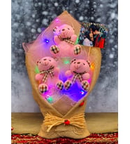Sizlere Özel Fotoğraflı Pembe Ayıcıklar Buketi - Büyük Boy RENKLİ Led Işıklı Buket