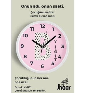 İsme Özel B Harfli Pembe Çocuk Odası Duvar Saati Orta Boy 30 cm Beyaz Camlı Sessiz