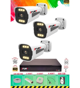 FURY 3 Kameralı 6 Warm Led Gece Renkli Görüş-Cepten İzle-Su Geçirmez Güvenlik Kamerası Seti 500GB