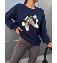 Kadın Uzun Kollu Bisiklet Yaka Kedi Desenli Viskon Iki Iplik Bluz