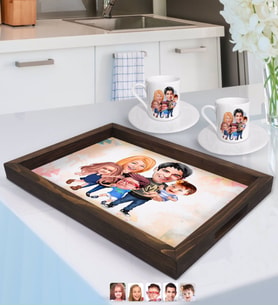 BK Gift Kişiye Özel Aile Karikatürlü Doğal Ahşap Tepsi ve 2’li Kahve Fincan Seti-6
