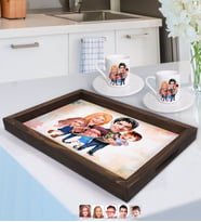 BK Gift Kişiye Özel Aile Karikatürlü Doğal Ahşap Tepsi ve 2’li Kahve Fincan Seti-6