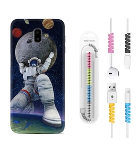 Samsung J6 Plus J7 Prime J7 Pro M20 Kılıf Kablo Koruma Spiral Silikon Astronot ve Dünya 1759