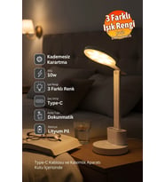 Beyaz LED Dokunmatik Masa Lambası, 3 Renkli, Kademesiz Karartma, Type-C Şarjli (Krem)