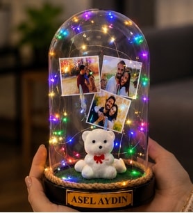 Kişiye Özel 3 Fotoğraflı LED Işıklı Fanus – Yazılı Şık Hediye