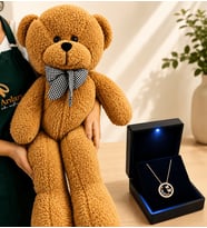 Işıklı Kutuda 925 Ayar Gümüş Renkli Taşlı Yuvarlak Kelebek Yuvası Kolye ve 80 cm Kahve Peluş Ayıcık Hediye