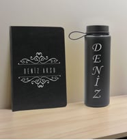 BK Gift Kişiye Özel İsimli Siyah Defter ve Cam Matara Hediye Seti-8, Sevgiliye Hediye, Arkadaşa Hediye, Yeni İş Hediyesi
