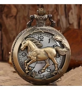 Kişiye Özel At Figürlü Antik Bronz Cep Saati – Nostaljik Quartz Zincirli Saat