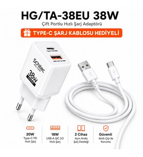 SChitec 38W 2 Çıkışlu Hızlı Şarj Başlığı ve 67W UsbA to Type-C ve Hızlı Şarj Kablosu 1M HEDİYE
