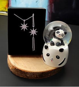 Panda Mini Işıklı Kar Küresi& Gümüş Kutup Yıldızı Zirkon Taşlı Kolye ve Bileklik Hediye Seti