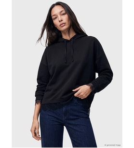 LC WAIKIKI Siyah Dantel Detaylı Soft Touch Oversize Kadın Hoodie