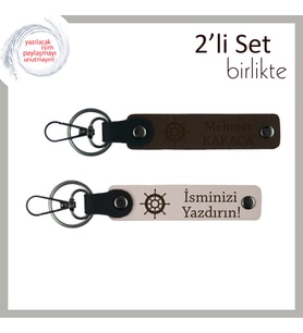 Sevdiğinizle Ortak Rotada, Gemi Dümeni Desenli Deri Anahtarlık Takımı, Koyu Kahve-Pudra