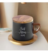 Ahşap Altlıklı Çelik Termos Bardak 250 ml Kapasiteli Annelere Özel Kazıma Desenli Termos-best Mom (Siyah-Saks)