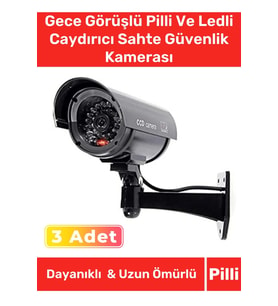 Özel Ev Apartman Bahçe İş Yeri Gece Görüşlü Pilli Ledli Caydırıcı Sahte Güvenlik Kamerası 3'lü Set