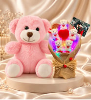 Fotoğraflı Kişiye Özel Renkli LED Işıklı Ayıcık Buketi ve Pembe Peluş Ayıcık