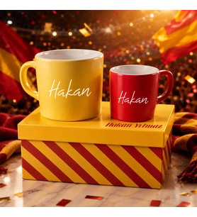 BK Gift Kişiye Özel İsimli Kutulu Sarı Kırmızı Taraftar Renkleri Temalı İkili Seramik Kupa&Fincan Seti-2