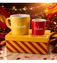BK Gift Kişiye Özel İsimli Kutulu Sarı Kırmızı Taraftar Renkleri Temalı İkili Seramik Kupa&Fincan Seti-2