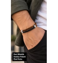 Cardeno Tancontrast Açık Kahve Deri Erkek Bileklik - Kahve ve Siyah Örgü