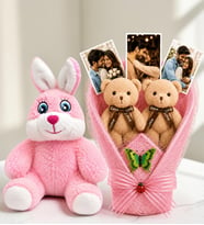 Kişiye Özel 3 Fotoğraflı Kahve Peluş Ayıcık Buketi ve Pembe Peluş Tavşan Kadına Hediye Sevgiliye Hediye