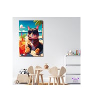 Tekli Dikey Kanvas Denizde Güneşlenip Kokteyl İçen Kedi Tasarımı