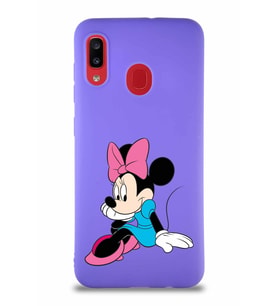 Samsung Galaxy A20 Soft Premier Kapak Minnie Mouse-E Tasarımlı Silikon Kılıf - Mor (Şeffaf)