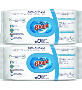 Bingo Clean Yüzey Temizlik Havlusu 96 Yaprak Beyaz Sabun Plastik Kapaklı (2 Li Set) 192 Yaprak
