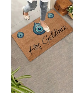 Valerine Life Bize Nazar Değmesin Üçlü Nazar Boncuğu Hoş Geldiniz Welcome Kapı Önü Paspası 45x70cm