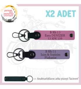 Motor Severlere Özel, İsim Plaka ve B Rh (-) Kan Grubu Yazılı x2'li Anahtarlık Takım, Mor-Pembe-Laci