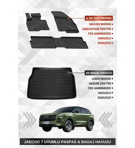 Sahler Jaecoo 7 4x4 2024+ Uyumlu 4.5d Premium Havuzlu Oto Paspas ve Liner Marka 4x4 3D Kalın Stepne Bagaj Havuzu