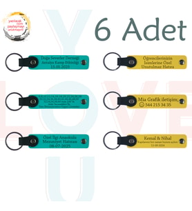Koyu Turkuaz & Sarı, 6’lı Set, İsim Yazılabilen Deri Anahtarlık, Aile Buluşmalarına Özel Anı