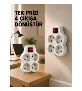 Mey İthalat® Anahtarlı 4’lü Priz Adaptörü Direkt Duvar Prizine Takılan Priz Çoklayıcı 2’li Set