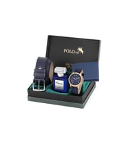 Polo Air Deri Kordon Romen Rakamlı Klasik Erkek Kol Saati Cüzdan Kemer 55 ml Parfüm Seti Lacivert Bakır Renk PL-7095E2