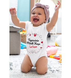 Unisex Bebek Beyaz Teyzesinin Minik Kuşu Desenli Kısa Kol Body