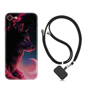 Apple iPhone 5 6 7 8 Plus Se XR Kılıf Boyun Askılı Silikon Wolf and Moon 1380