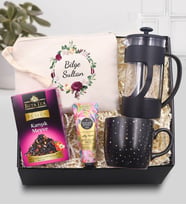 Kişiye Özel Baskılı El Çantası & Yıldızlı Mat Kupa & Siyah French Press & Beta Tea Karışık Meyve Bitki Çayı & Eyüp Sabri Tuncer El Kremi Hediye Seti
