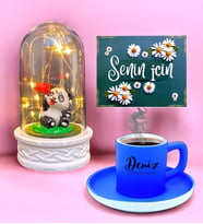 Led Işıklı Tasarım Fanus ve Mavi Renkli Kahve Fincanı  Kişiye Özel Hediye Seti  İsimli Fincan (Model 5)