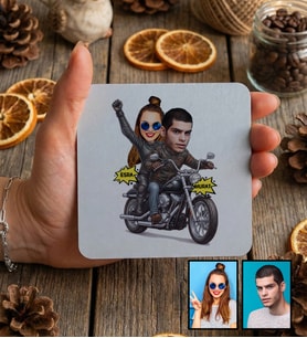 Kişiye Özel Karikatürlü Motorlu Sevgililer Bardak Altlığı Sevgililer Günü Hediyesi