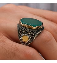 Otantik Motifli Akik Taşlı 925 Ayar Gümüş Erkek Yüzük