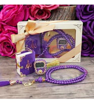 Hediyelik Mini Kur'an-ı Kerim & Lüks Taşlı Zikirmatik & İnci Tesbih Hediye Seti (2,5 * 4,5 * 5,5 cm  125 gr ) - Mor