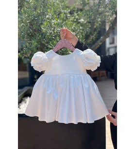 Balon Kol Saten Kırık Beyaz Kız Çocuk Bebek Abiye Elbise