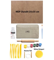 Beyaz Seramik Hamuru 2 kg Kil 25x35 Duralit Ebeşuar Seti 6x15 ml Akrilik Set Vernik Ahşap Merdane