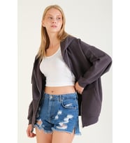 Giyim Dünyası Kadın 3 İp Şardonlu Kapüşonlu Fermuarlı Oversize Sweatshirt Füme