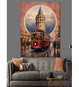 Galata Kulesi Ve Kırmızı Tramvay Dekoratif Kanvas - Mdf Ahşap Tablo