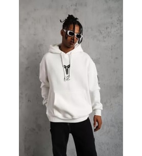 Unisex Sırt Baskılı Kapüşonlu Üç İplik Oversize Sweatshirt - Beyaz