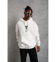 Unisex Sırt Baskılı Kapüşonlu Üç İplik Oversize Sweatshirt - Beyaz